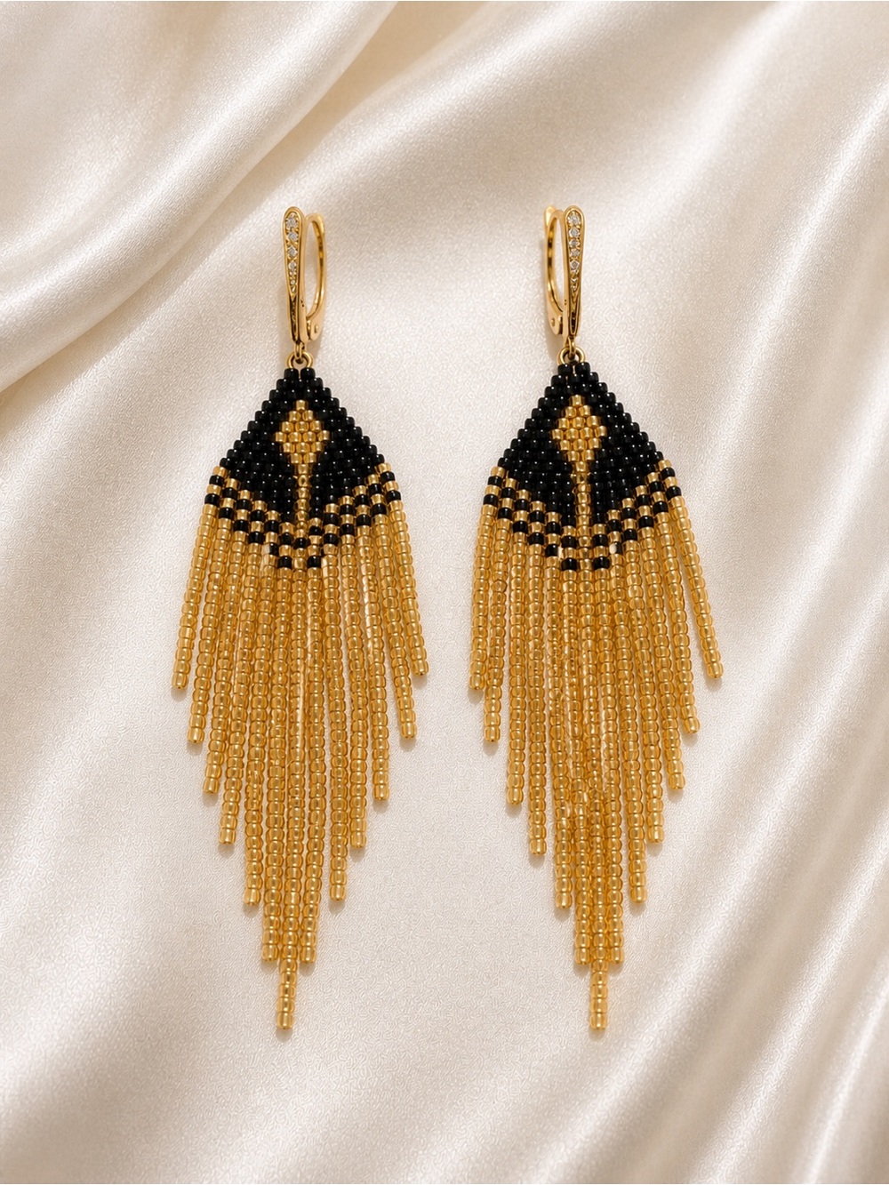 Hand made Gold and Black Beaded Fringe Earrings - Women Jewelry